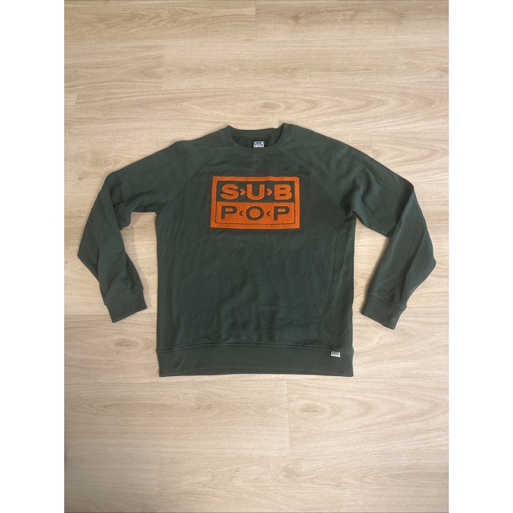 Sub Pop Men's Green Crew Neck Pullover Sweatshirt Graphic Logo Print Size L